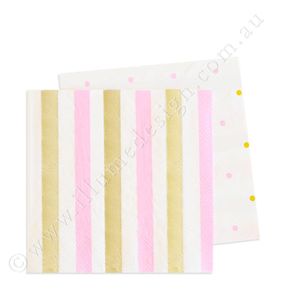 Gold & Pink, Stripe & Spots Cocktail Napkin - Pack of  20