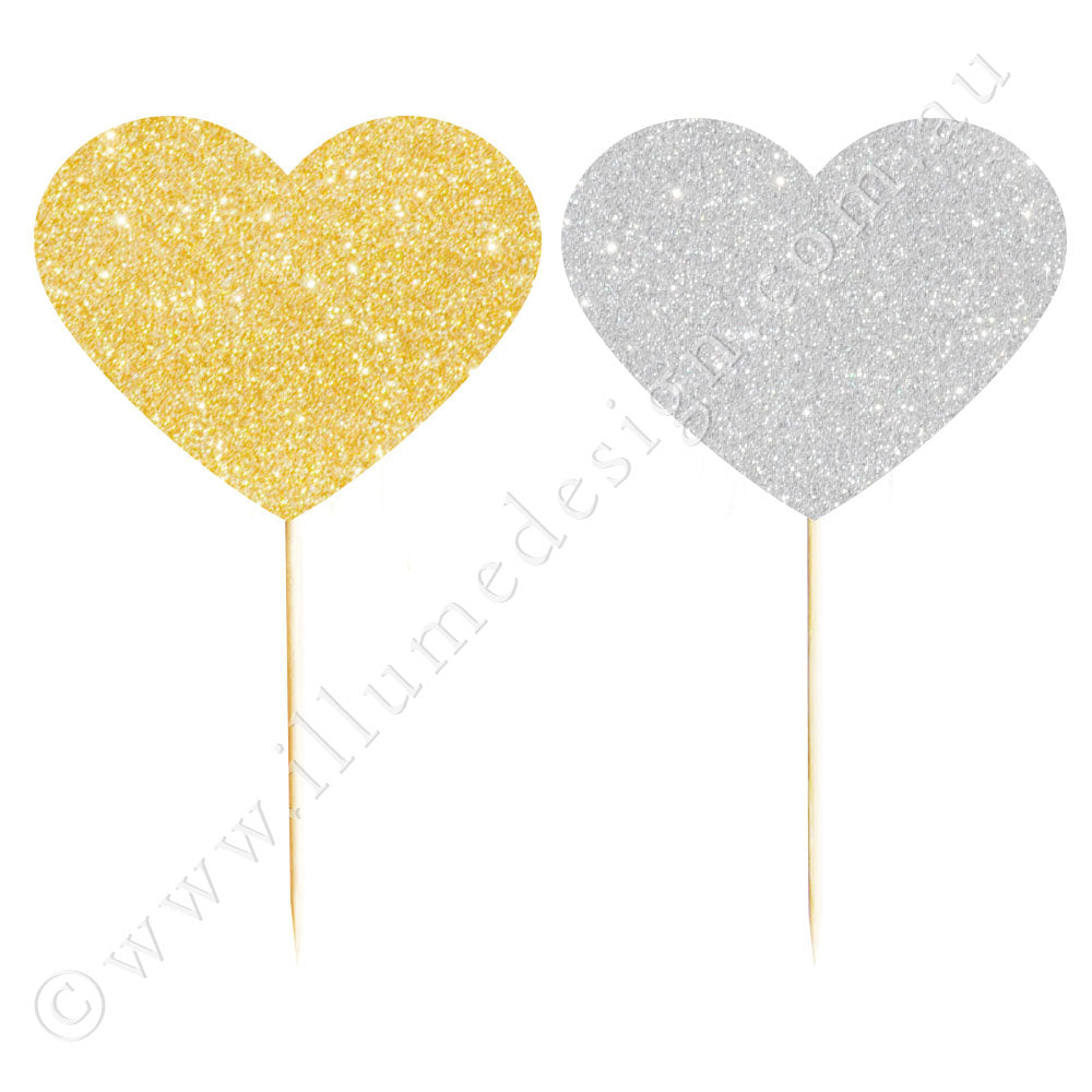 Gold & Silver Glitter Heart Reversible Cupcake Topper - 12 Pce