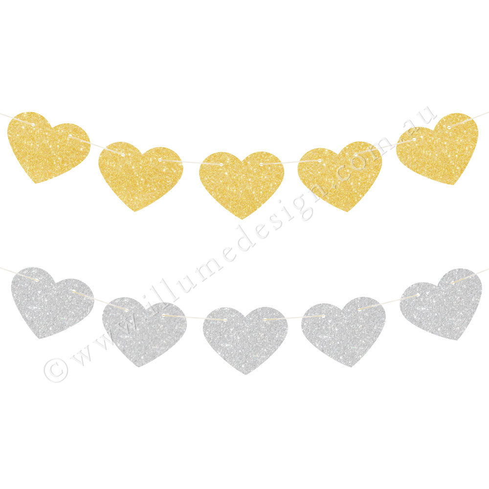 Gold & Silver Glitter Heart Reversible Garland