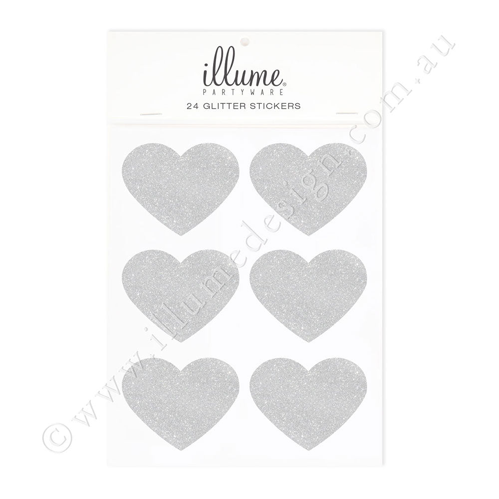 Silver Glitter Heart Sticker Seals - Pack of 24